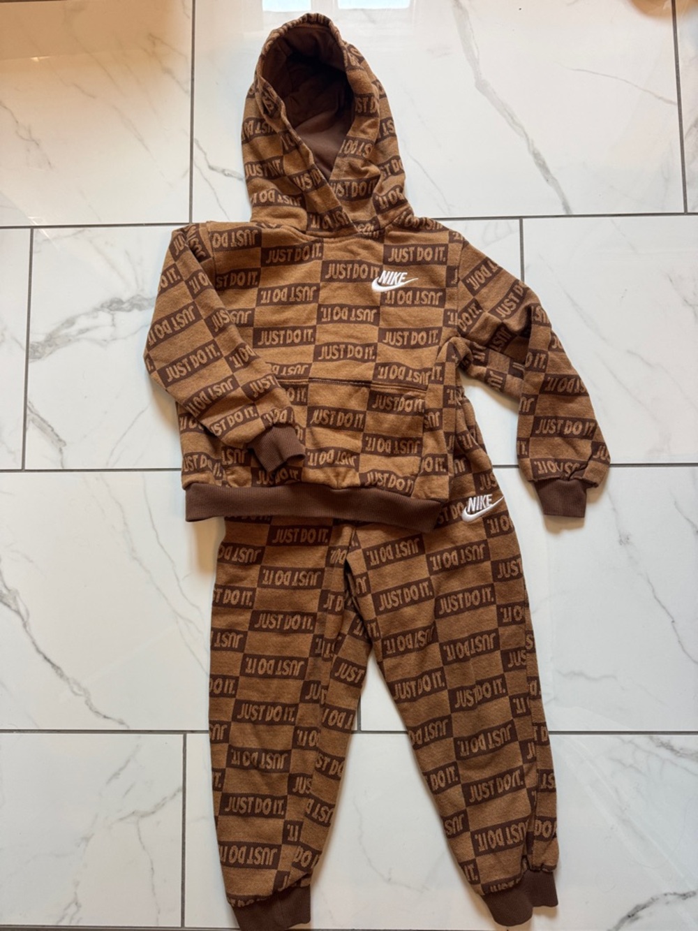 Nike Brown Allover "Just Do It." Hoodie and Joggers Set